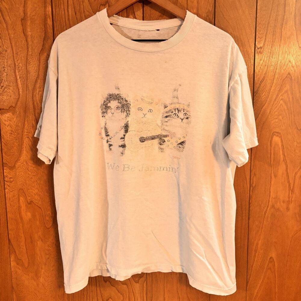 Vintage Cat Shirt We Be Jammin’ Aruba Rasta Kitten Hanes Large VERY DISTRESSED